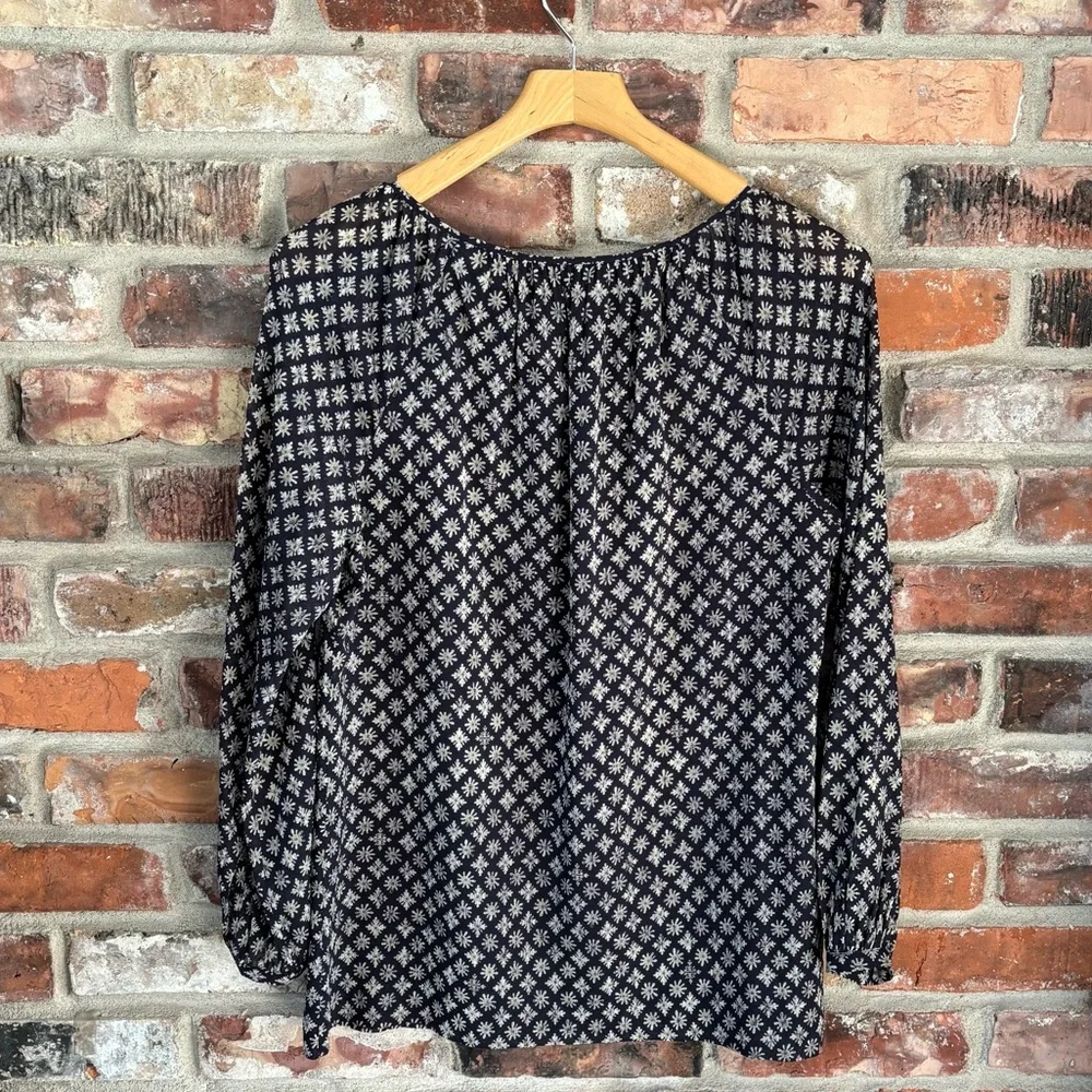 Tory Burch Navy Blue Silk Printed Long Sleeve Blouse Top, 8